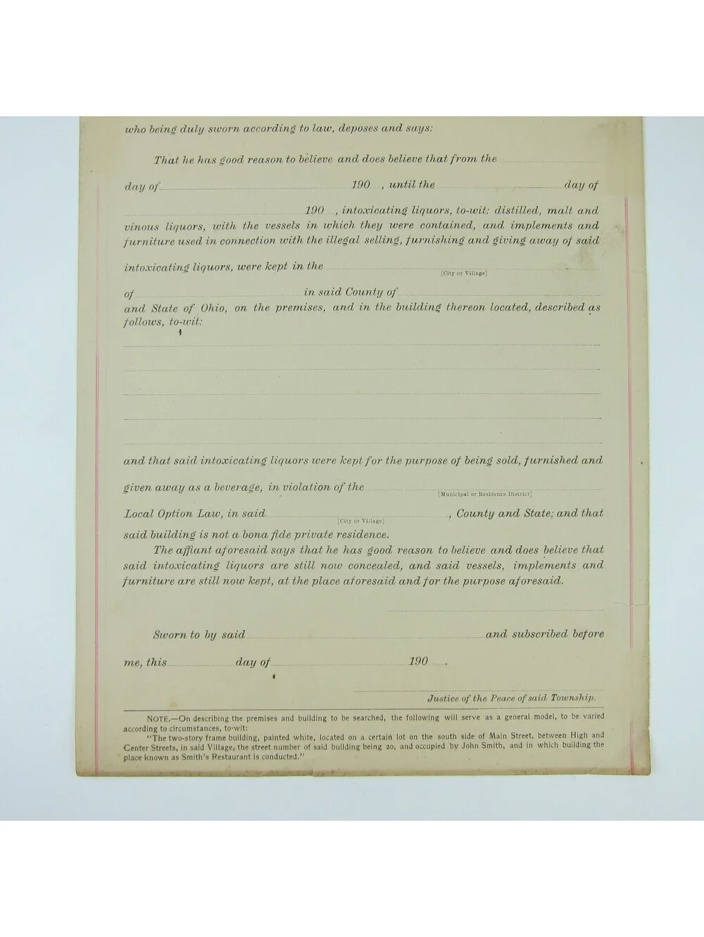 Antique Pre-Prohibition Ohio Affidavit Search Warrant to Seize Liquor Form Blank